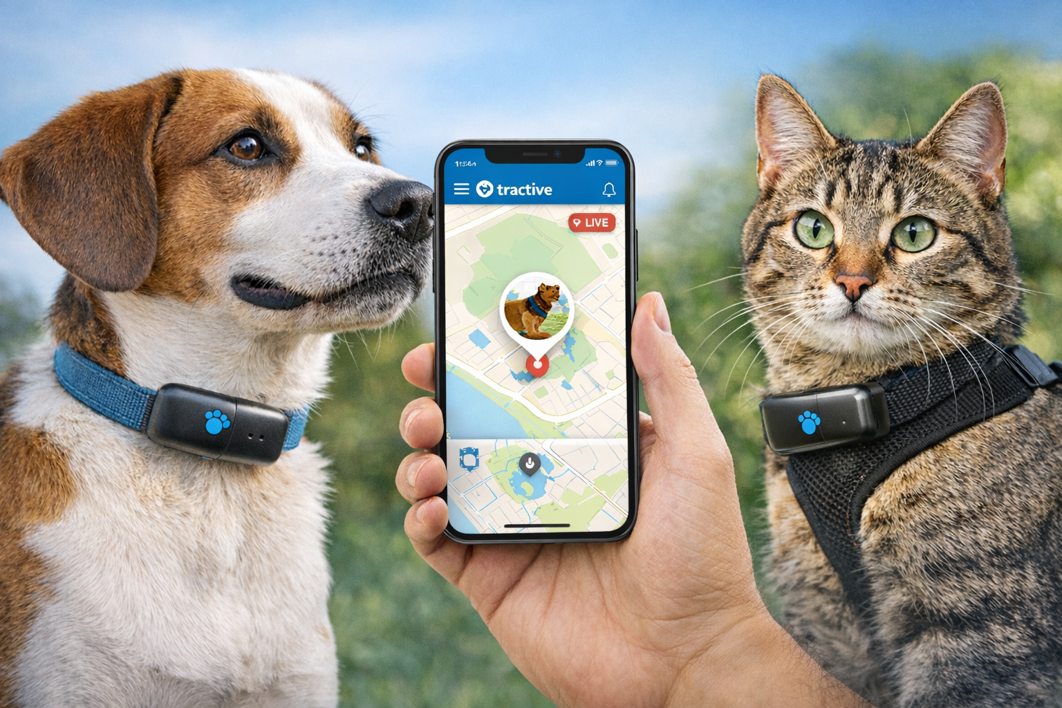 Hund und Katze mit GPS Tracker am Halsband, daneben ein Smartphone mit Kartenansicht der Live Ortung in der Tractive App.