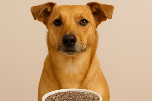 Hund sitzt vor einer Schüssel mit Chia Samen und blickt in die Kamera, neutraler Hintergrund.