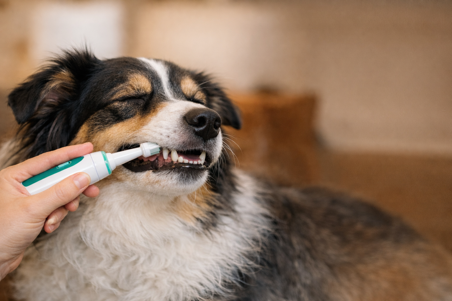 Entspannter Hund, während eine Hand eine Ultraschall Zahnbürste sanft an die Außenseite der Zähne hält, warmes Indoor Setting im Hintergrund.