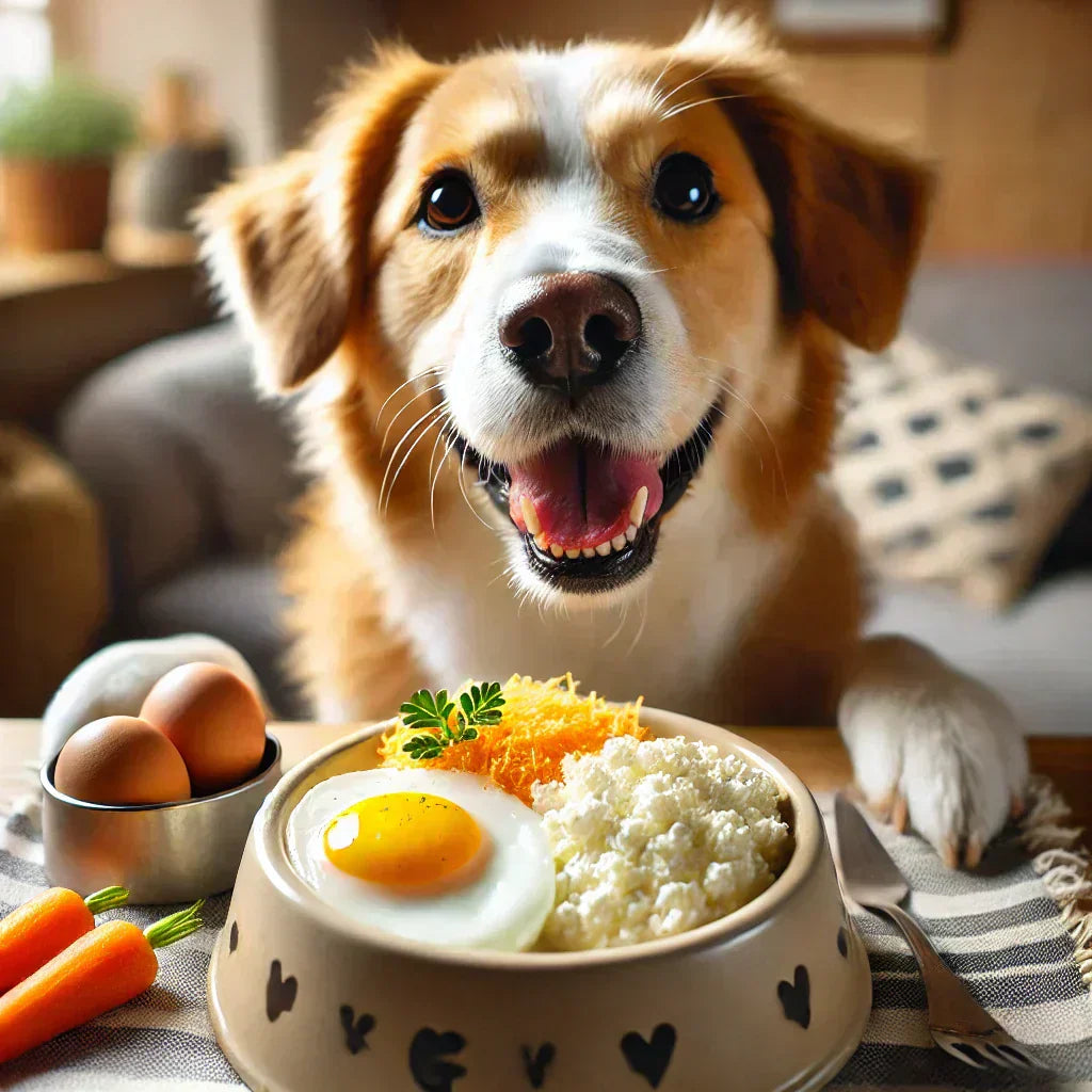 Ein fröhlicher Hund sitzt vor einem Napf mit frischem Futter: einem Spiegelei, geraspelter Möhre und Hüttenkäse. Daneben liegen rohe Eier und kleine Karotten – das Bild vermittelt gesunde, liebevoll zubereitete Mahlzeiten für Hunde.