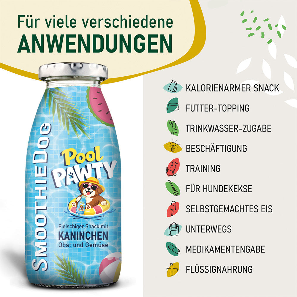 Produktbild der SmoothieDog Summer Edition „Pool Pawty“ (Kaninchen) im 3er-Pack (3x 250ml.), 6er-Pack (6x 250ml.) und 12er-Pack (12x 250ml.): Der Hundesmoothie wird mit verschiedenen Anwendungsmöglichkeiten wie Futter-Topping, Trinkwasser-Zugabe, Training oder selbstgemachtem Hundeeis präsentiert.