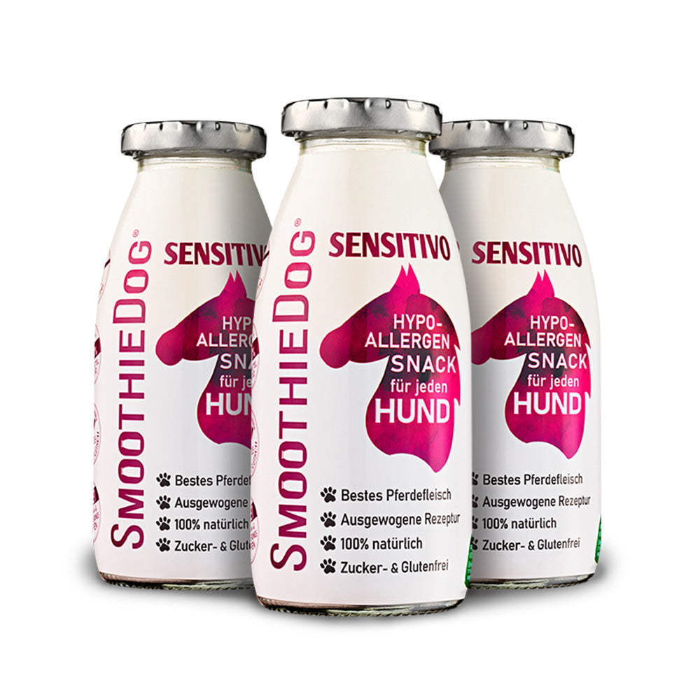 SmoothieDog Sensitivo Pferd im 3er-Pack (3x 250ml.): Hypoallergener Hundesmoothie mit hochwertigem Pferdefleisch – ideal für ernährungssensible Hunde. Die weiße Flasche mit pinkem Pferdekopf-Design steht für eine ausgewogene, 100 % natürliche Rezeptur ohne Zucker und Gluten.
