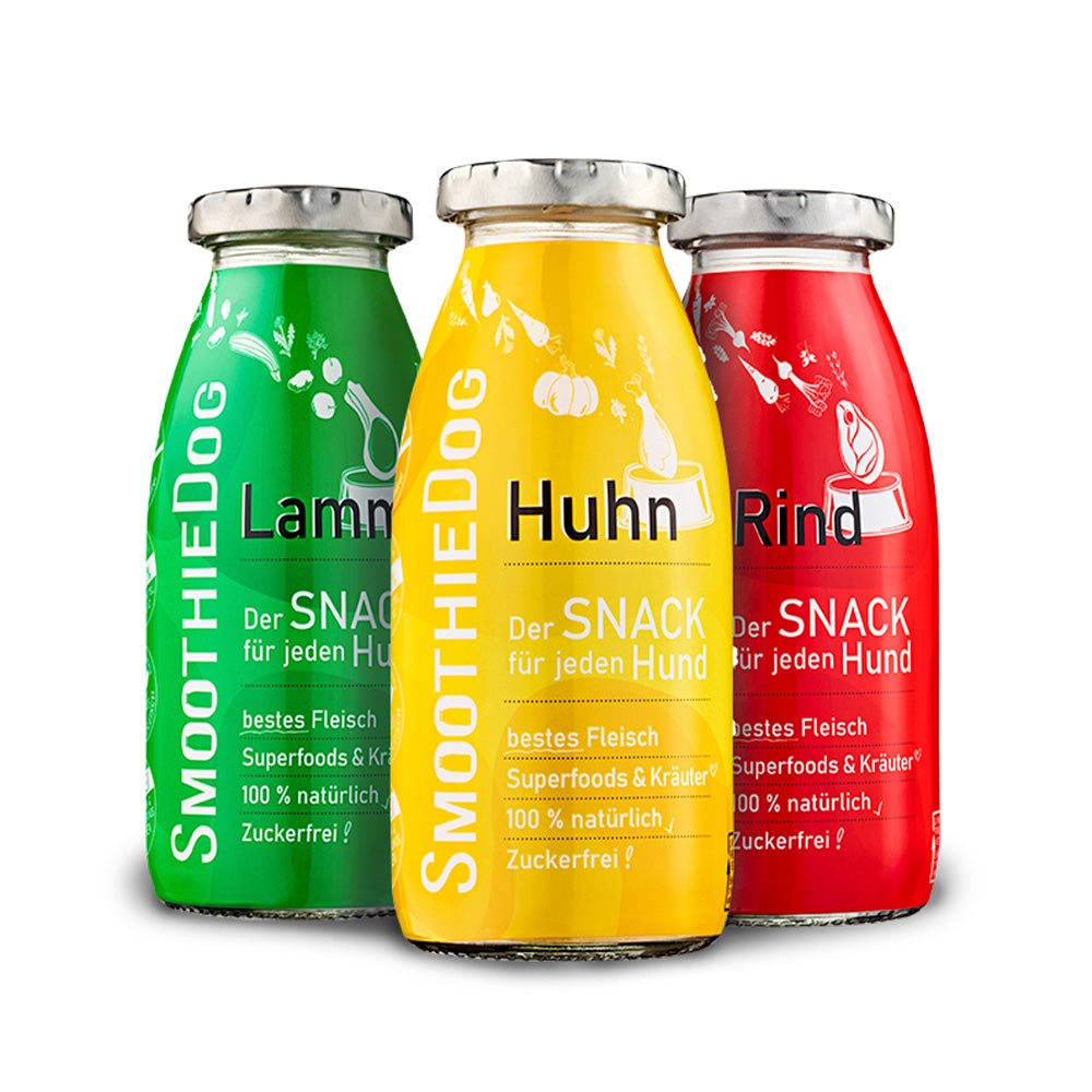 SmoothieDog Klassik 3er-Pack (3x 250ml.): Natürlicher Hundesmoothie in drei klassischen Sorten – Lamm, Huhn und Rind. Der flüssige Snack enthält bestes Fleisch, Superfoods und Kräuter, ist 100 % natürlich und zuckerfrei – ideal zur Ergänzung jeder Hundeernährung.