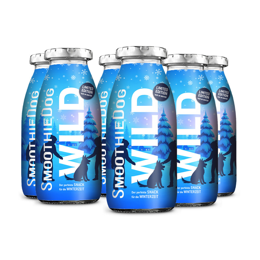 SmoothieDog Winter-Edition WILD im 6er-Pack (6x 250ml.): Sechs stilvoll gestaltete Glasflaschen mit winterlichem Design in kräftigem Blau. Abgebildet sind Schneeflocken, verschneite Tannenbäume und die Silhouetten eines Hundes mit Mensch. Der Aufdruck „Limited Edition – nur im Winter“ sowie der Slogan „Der perfekte Snack für die Winterzeit“ betonen die saisonale Besonderheit des Produkts.