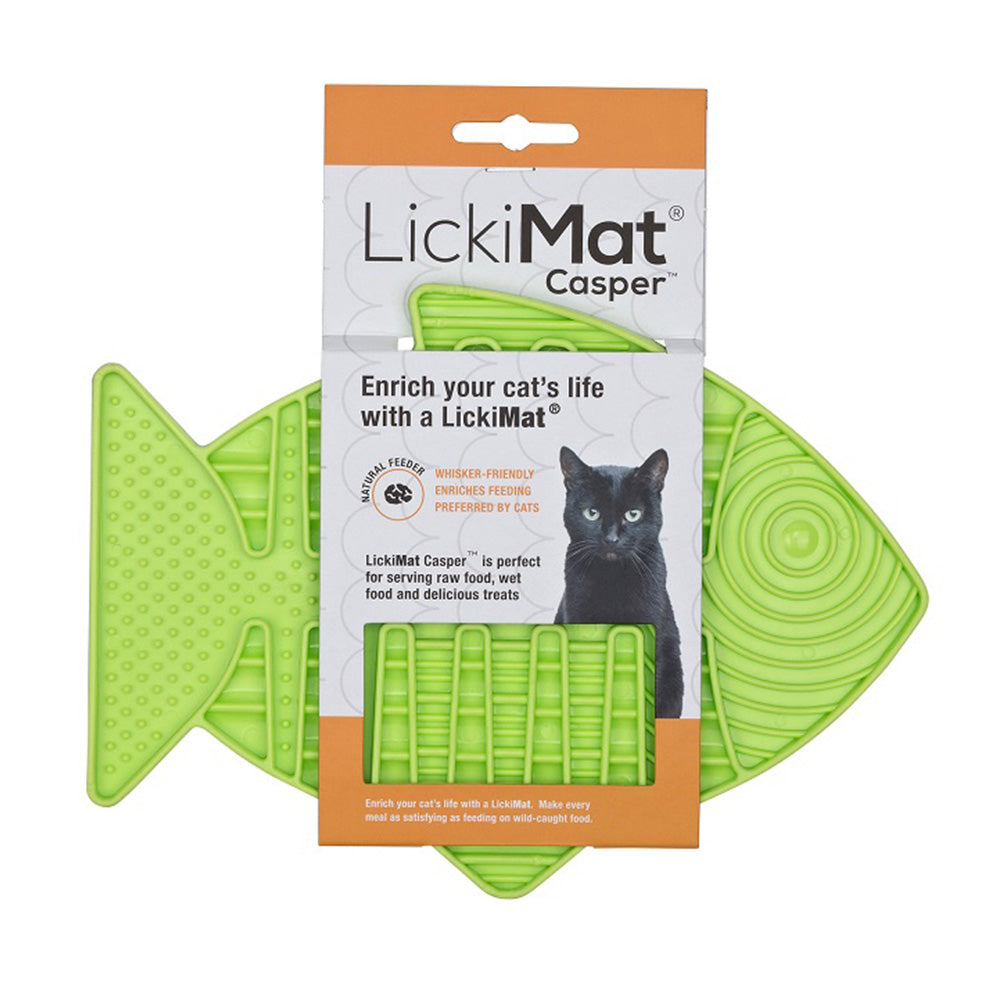 Leckmatte LickiMat Casper in Fischform in der Farbe Grün – speziell für Katzen entwickelt, ideal für Nassfutter, Rohfutter und Snacks, mit Verpackung und Abbildung einer schwarzen Katze.