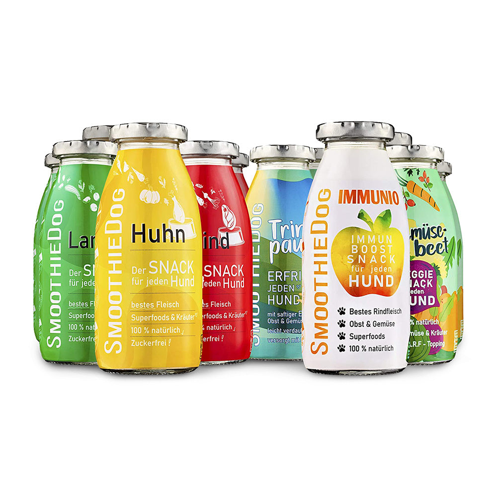 SmoothieDog 12er-Pack (12x 250ml.): Sechs farbenfrohe Hundesmoothies in den Sorten Lamm, Huhn, Rind, Trinkpause, Immunio und Gemüsebeet – 100 % natürlich, mit besten Zutaten, Superfoods und ohne Zucker – als gesunde Snack-Alternative für Hunde.