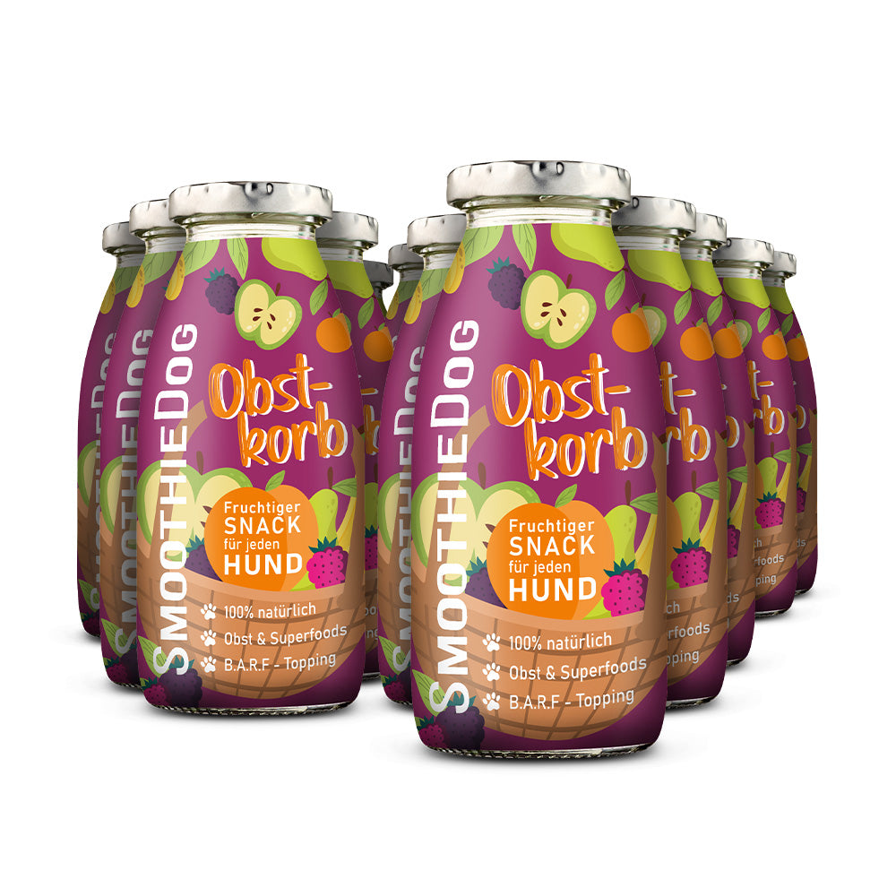SmoothieDog Obstkorb 12er-Pack (12x 250ml.) : Fruchtiger Snack für jeden Hund – mit Apfel, Beeren, Banane und weiteren Superfoods. 100 % natürlich, ideal als BARF-Topping oder gesunde Abwechslung für zwischendurch.