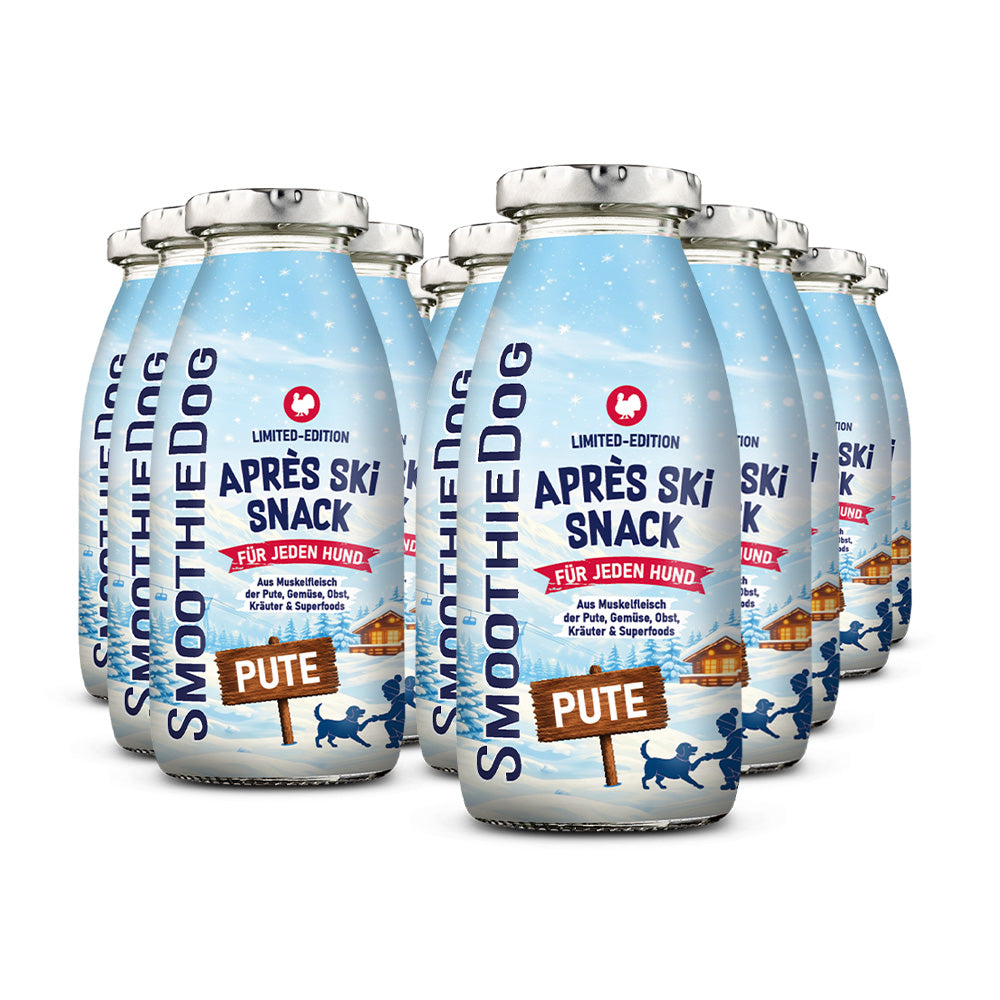 Zwölf Flaschen SmoothieDog Hundesmoothie Winter Edition Pute 2026 mit verschneiter Berglandschaft und rotem Akzent auf dem Etikett. In der Variante 12er-Pack (12x 250ml.).