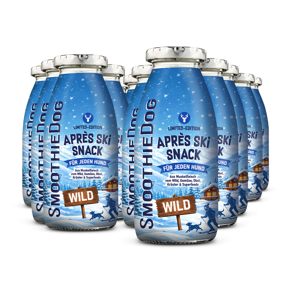 Zwölf Flaschen SmoothieDog Hundesmoothie Winter Edition Wild 2026 mit schneebedeckten Bergen auf dem Etikett. In der Variante 12er-Pack (12x 250ml.).
