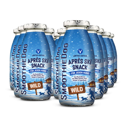 Zwölf Flaschen SmoothieDog Hundesmoothie Winter Edition Wild 2026 mit schneebedeckten Bergen auf dem Etikett. In der Variante 12er-Pack (12x 250ml.).