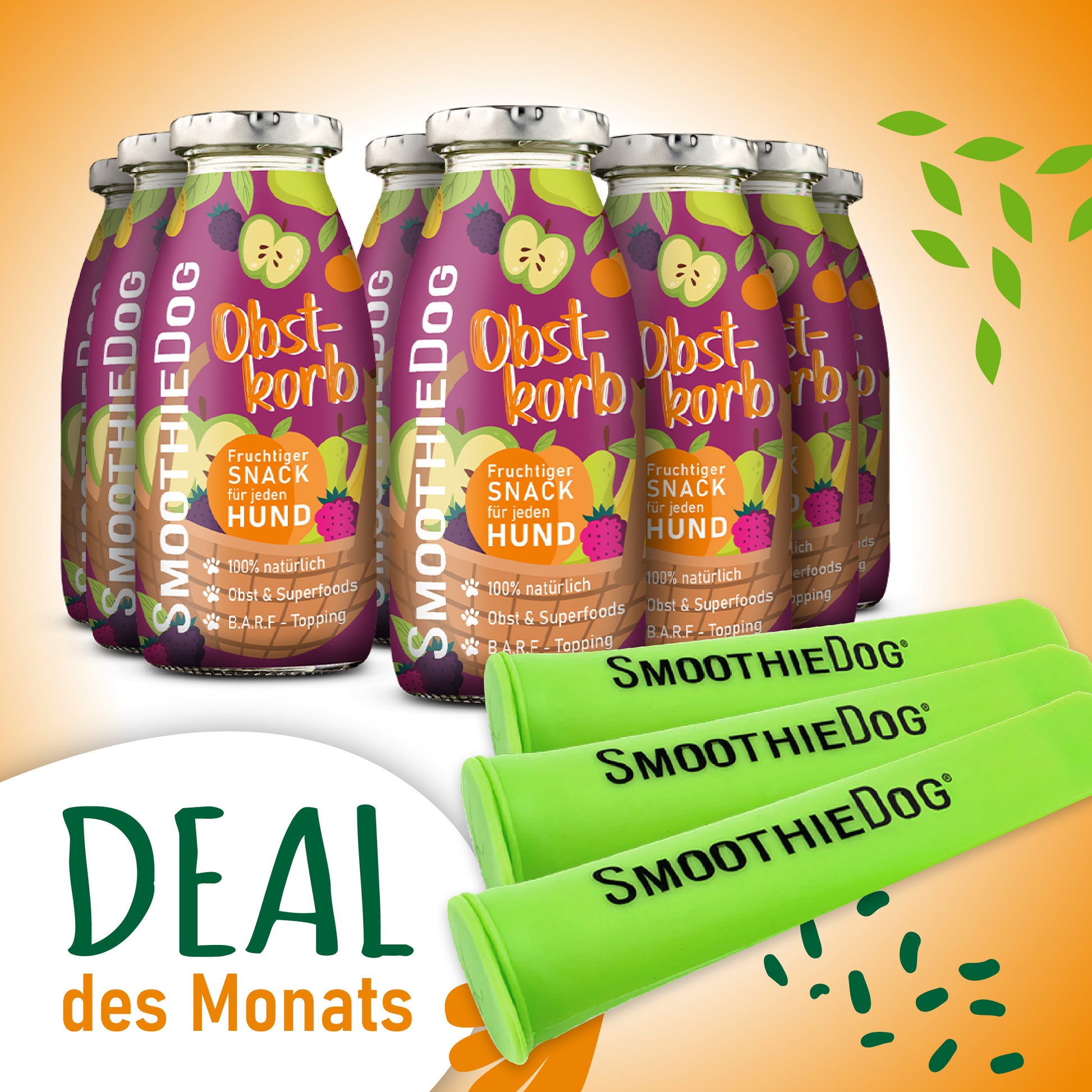 SmoothieDog Deal des Monats: Fruchtiger Hundesmoothie „Obstkorb“ im 8er-Pack (8x 250ml.) aus Obst und Superfoods, kombiniert mit drei grünen, wiederverwendbaren Eisformen – perfekt für sommerliche Erfrischung.