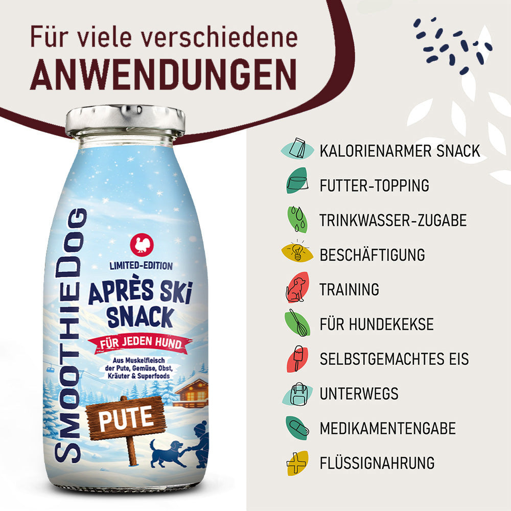 SmoothieDog Hundesmoothie Winter Edition Pute 2026 mit Anwendungsmöglichkeiten als Futter-Topping, Trinkwasserzugabe, zur Beschäftigung, für Hundeeis und Training. Erhältlich als 3er-Pack (3x 250ml.), 6er-Pack (6x 250ml.) und 12er-Pack (12x 250ml.).