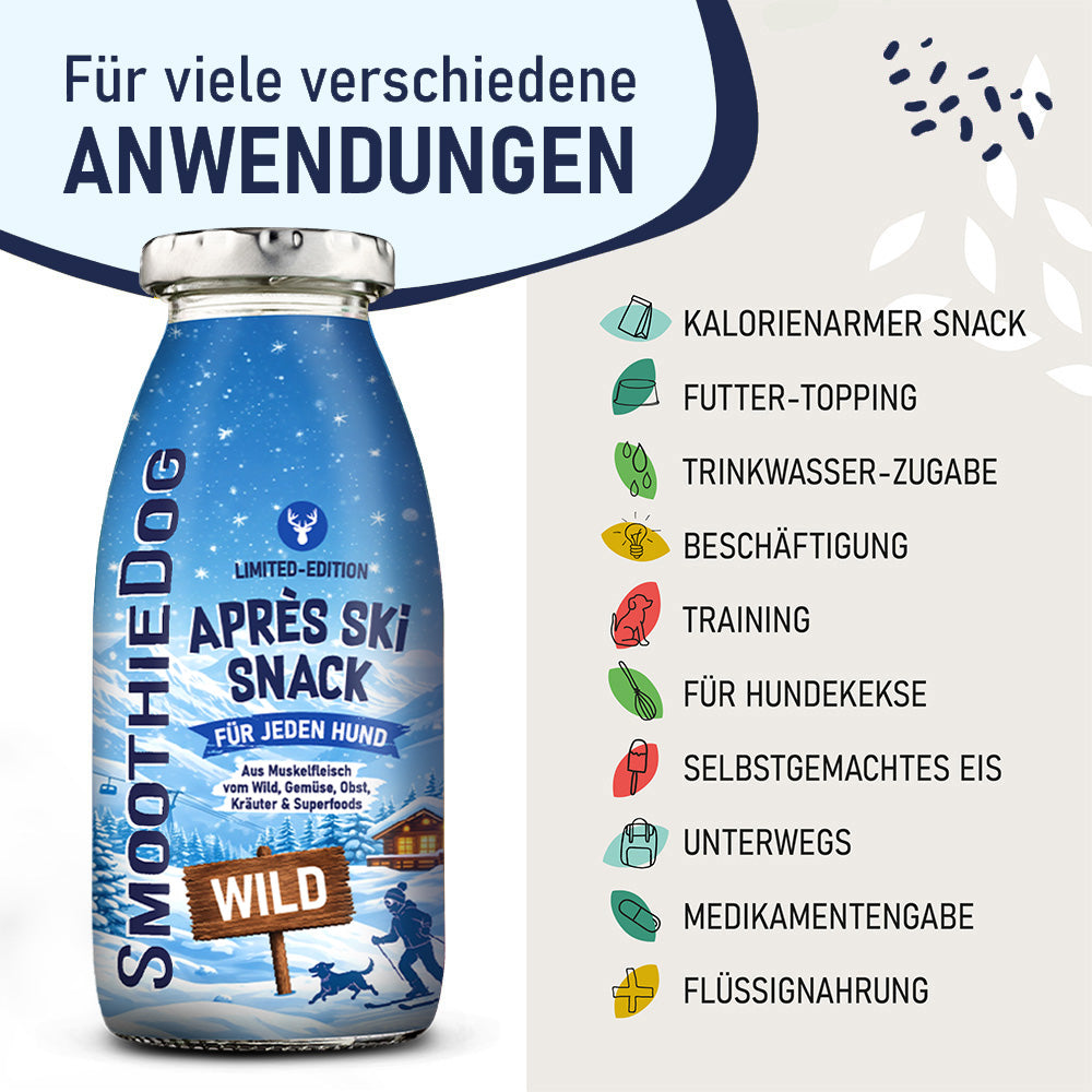 SmoothieDog Hundesmoothie Winter Edition Wild 2026 mit verschiedenen Anwendungsmöglichkeiten wie Futter-Topping, Trinkwasserzugabe, Beschäftigung, Hundeeis und Training. Erhältlich als 3er-Pack (3x 250ml.), 6er-Pack (6x 250ml.) und 12er-Pack (12x 250ml.).