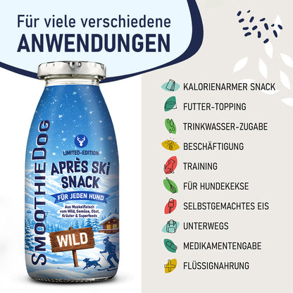SmoothieDog Hundesmoothie Winter Edition Wild 2026 mit verschiedenen Anwendungsmöglichkeiten wie Futter-Topping, Trinkwasserzugabe, Beschäftigung, Hundeeis und Training. Erhältlich als 3er-Pack (3x 250ml.), 6er-Pack (6x 250ml.) und 12er-Pack (12x 250ml.).