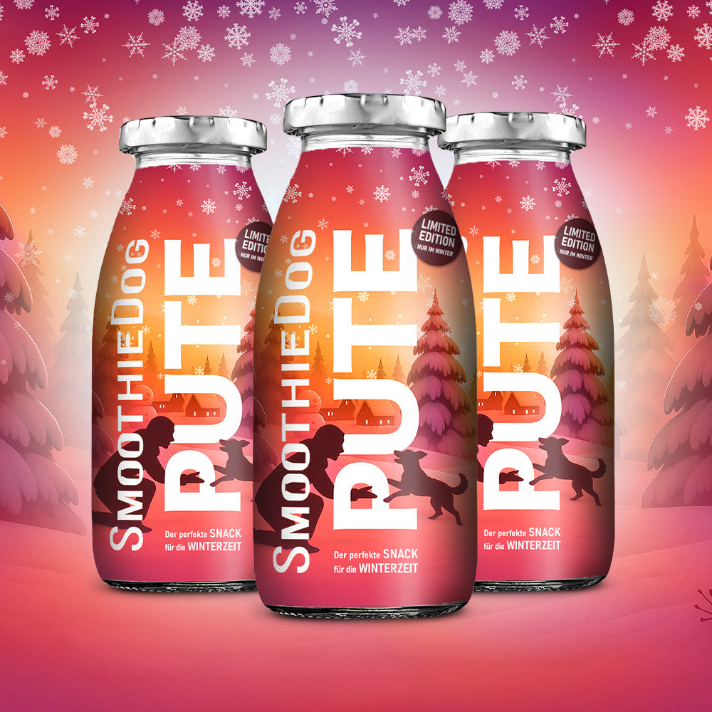 SmoothieDog Winter-Edition PUTE im stimmungsvollen roten Winterdesign mit Schneeflocken, Tannenbäumen und spielender Hund-Silhouette. Die Aufschrift „Limited Edition – nur im Winter“ sowie „Der perfekte Snack für die Winterzeit“ ist auf den Flaschen sichtbar. Erhältlich als 3er-Pack (3x 250ml.), 6er-Pack (6x 250ml.) und 12er-Pack (12x 250ml.).