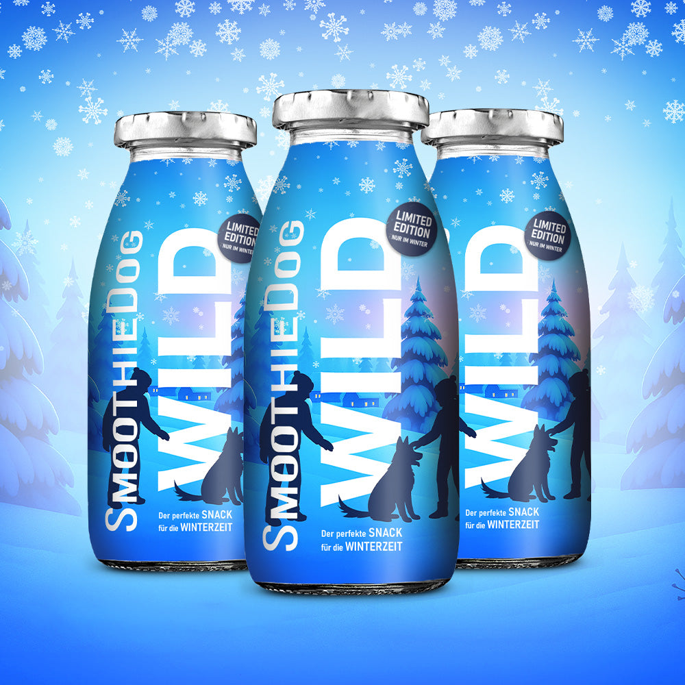 SmoothieDog Winter-Edition WILD im verschneiten 3er-Pack (3x 250ml.), 6er-Pack (6x 250ml.) und 12er-Pack (12x 250ml.):** Stimmungsvolles Produktbild vor winterlichem Hintergrund mit Schneeflocken, Tannenbäumen und Silhouetten von Mensch und Hund. Die Glasflaschen tragen ein eisblaues Design mit dem Schriftzug "WILD" und dem Hinweis "Limited Edition – nur im Winter". Perfekter Snack für kalte Tage.