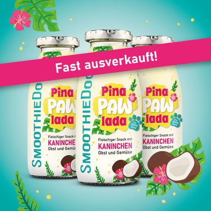 Drei Flaschen SmoothieDog Pina Pawlada mit Kaninchen, Obst und Gemüse stehen nebeneinander auf türkisfarbenem Hintergrund. Eine stilisierte Kokosnuss und tropische Pflanzen rahmen das Bild. Über die Flaschen verläuft ein pinkes Banner mit der Aufschrift „Fast ausverkauft!“. Die Summer-Edition ist als begrenzt verfügbar hervorgehoben.