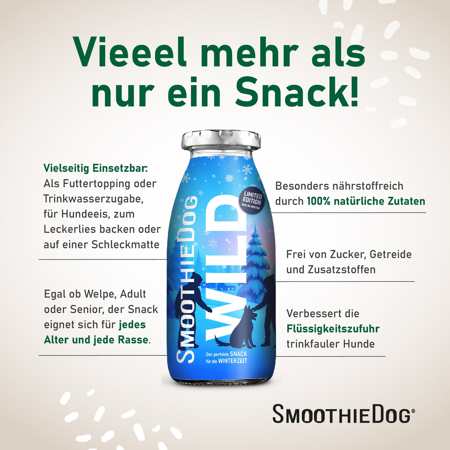 SmoothieDog Winter-Edition WILD im Fokus vor beigem Hintergrund. Text-Overlay beschreibt die Vorteile: Vielseitig einsetzbar als Topping, für Hundeeis oder Schleckmatten, geeignet für jedes Alter und jede Rasse, aus 100 % natürlichen Zutaten, frei von Zucker, Getreide und Zusatzstoffen, unterstützt die Flüssigkeitszufuhr. Die blaue Glasflasche ist als Limited Edition gestaltet. Erhältlich als 3er-Pack (3x 250ml.), 6er-Pack (6x 250ml.) und 12er-Pack (12x 250ml.).