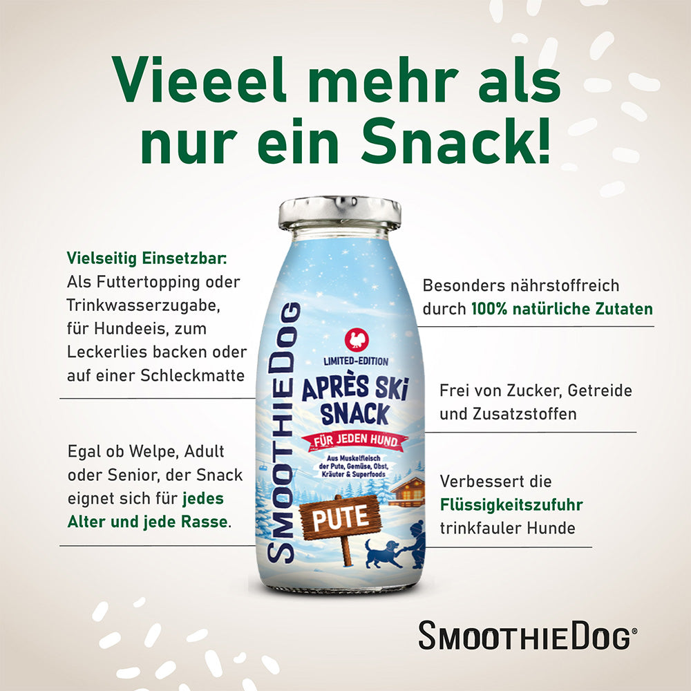 SmoothieDog Hundesmoothie Winter Edition Pute 2026 mit 100 % natürlichen Zutaten, ohne Zucker, Getreide und Zusatzstoffe. Vielseitig einsetzbar und zur Flüssigkeitszufuhr geeignet. Erhältlich als 3er-Pack (3x 250ml.), 6er-Pack (6x 250ml.) und 12er-Pack (12x 250ml.).