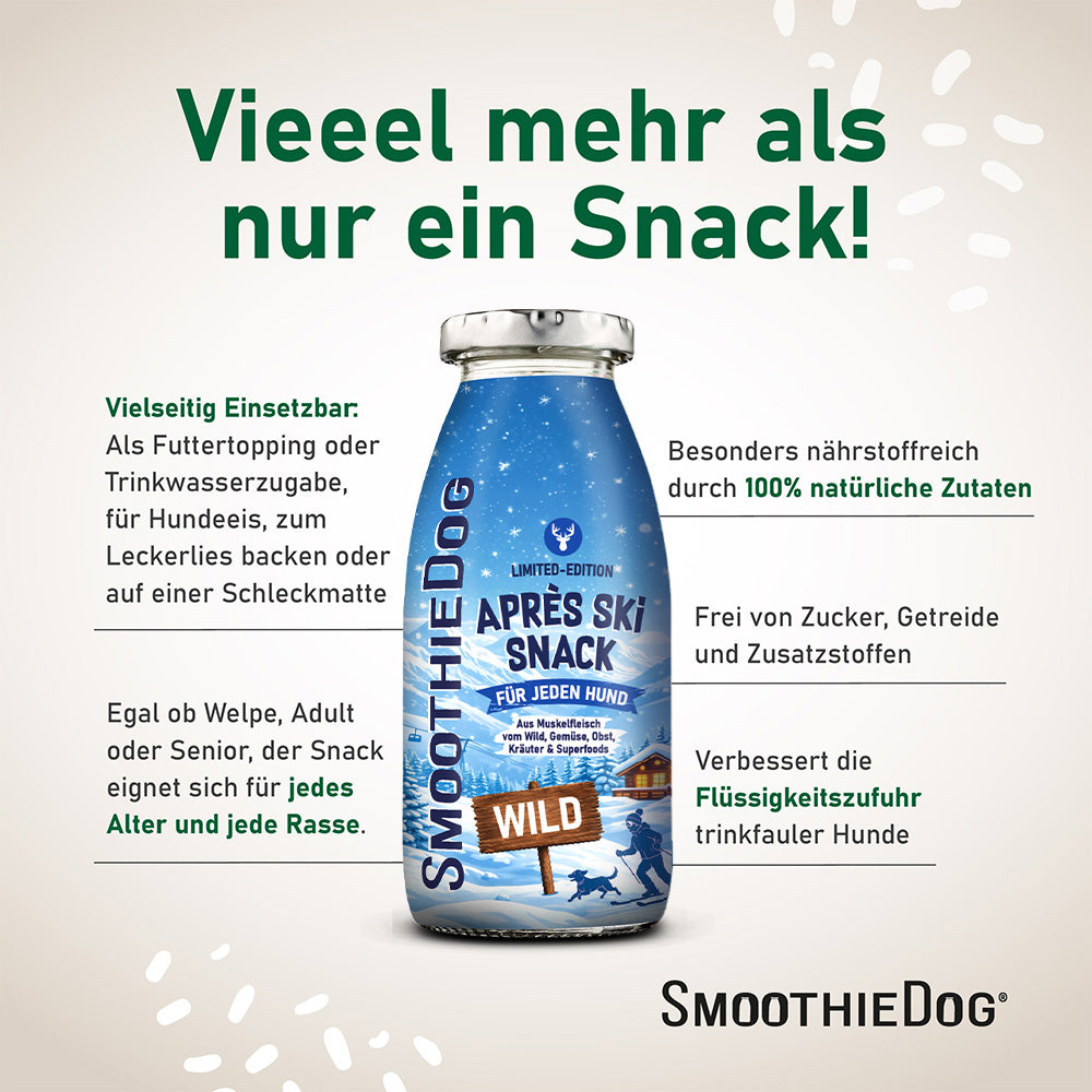 SmoothieDog Hundesmoothie Winter Edition Wild 2026 mit natürlichen Zutaten, vielseitigen Einsatzmöglichkeiten und zusätzlicher Flüssigkeitszufuhr. Erhältlich als 3er-Pack (3x 250ml.), 6er-Pack (6x 250ml.) und 12er-Pack (12x 250ml.).