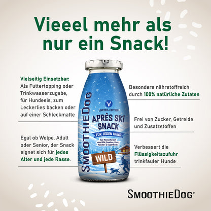 SmoothieDog Hundesmoothie Winter Edition Wild 2026 mit natürlichen Zutaten, vielseitigen Einsatzmöglichkeiten und zusätzlicher Flüssigkeitszufuhr. Erhältlich als 3er-Pack (3x 250ml.), 6er-Pack (6x 250ml.) und 12er-Pack (12x 250ml.).