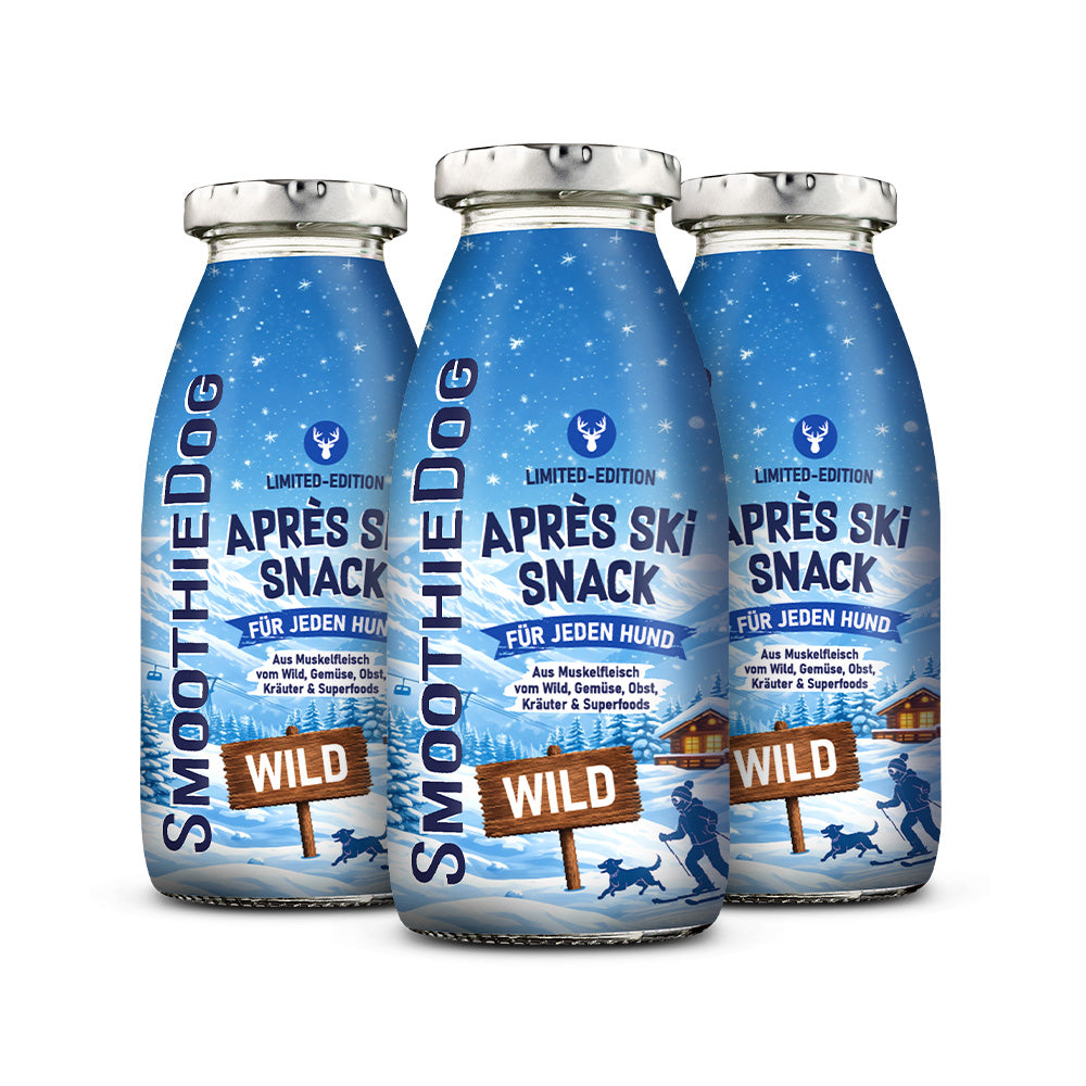Drei Flaschen SmoothieDog Hundesmoothie Winter Edition Wild 2026 mit blauem Après-Ski-Design auf weißem Hintergrund. Inder Variante 3er-Pack (3x 250ml.).