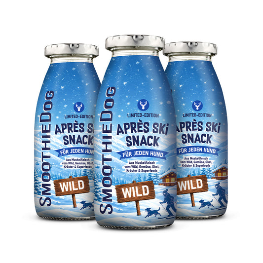 Drei Flaschen SmoothieDog Hundesmoothie Winter Edition Wild 2026 mit blauem Après-Ski-Design auf weißem Hintergrund. Inder Variante 3er-Pack (3x 250ml.).