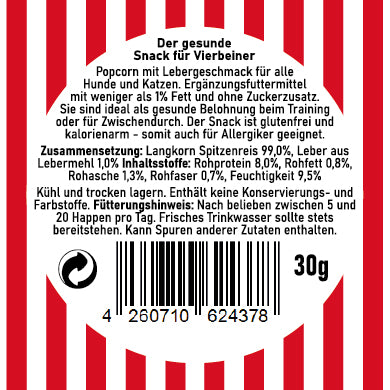 Rückseite der SmoothieDog POPCORN-Verpackung mit Fütterungsempfehlung, Zutatenliste und Nährwertangaben für Hunde und Katzen. Ergänzungsfuttermittel mit Lebergeschmack – glutenfrei, fettarm und ohne Zuckerzusatz. Verpackt in 30g-Portion. Erhältlich als 1er-Pack (1x30g.), 3er-Pack (3x 30g.) und 6er-Pack (6x 30g.).