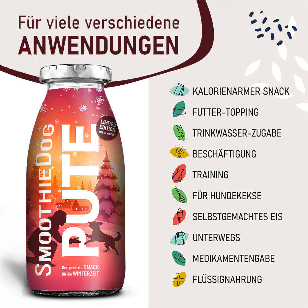 SmoothieDog PUTE Flasche vor beigem Hintergrund. Rechts Icons mit Einsatzmöglichkeiten: kalorienarmer Snack, Futter-Topping, Trinkwasserzugabe, Beschäftigung, Training, Hundekekse, selbstgemachtes Eis, unterwegs, Medikamentengabe, Flüssignahrung. Verpackung verfügbar als 3er-Pack (3x 250ml.), 6er-Pack (6x 250ml.) und 12er-Pack (12x 250ml.).