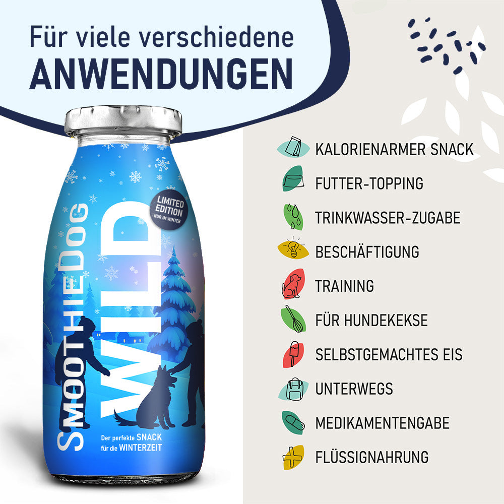 SmoothieDog Winter-Edition WILD Flasche vor hellblauem Hintergrund. Rechts davon bunte Icons für Anwendungen: kalorienarmer Snack, Futter-Topping, Trinkwasser-Zugabe, Beschäftigung, Training, für Hundekekse, selbstgemachtes Eis, unterwegs, Medikamentengabe, Flüssignahrung. Die Winter-Edition ist als Limited Edition gekennzeichnet. Verfügbar als 3er-Pack (3x 250ml.), 6er-Pack (6x 250ml.) und 12er-Pack (12x 250ml.).