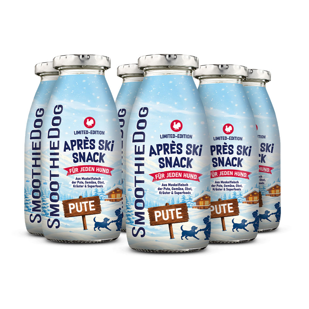 Sechs Flaschen SmoothieDog Hundesmoothie Winter Edition Pute 2026 mit hellblauem Après-Ski-Design auf weißem Hintergrund. In der Variante 6er-Pack (6x 250ml.).