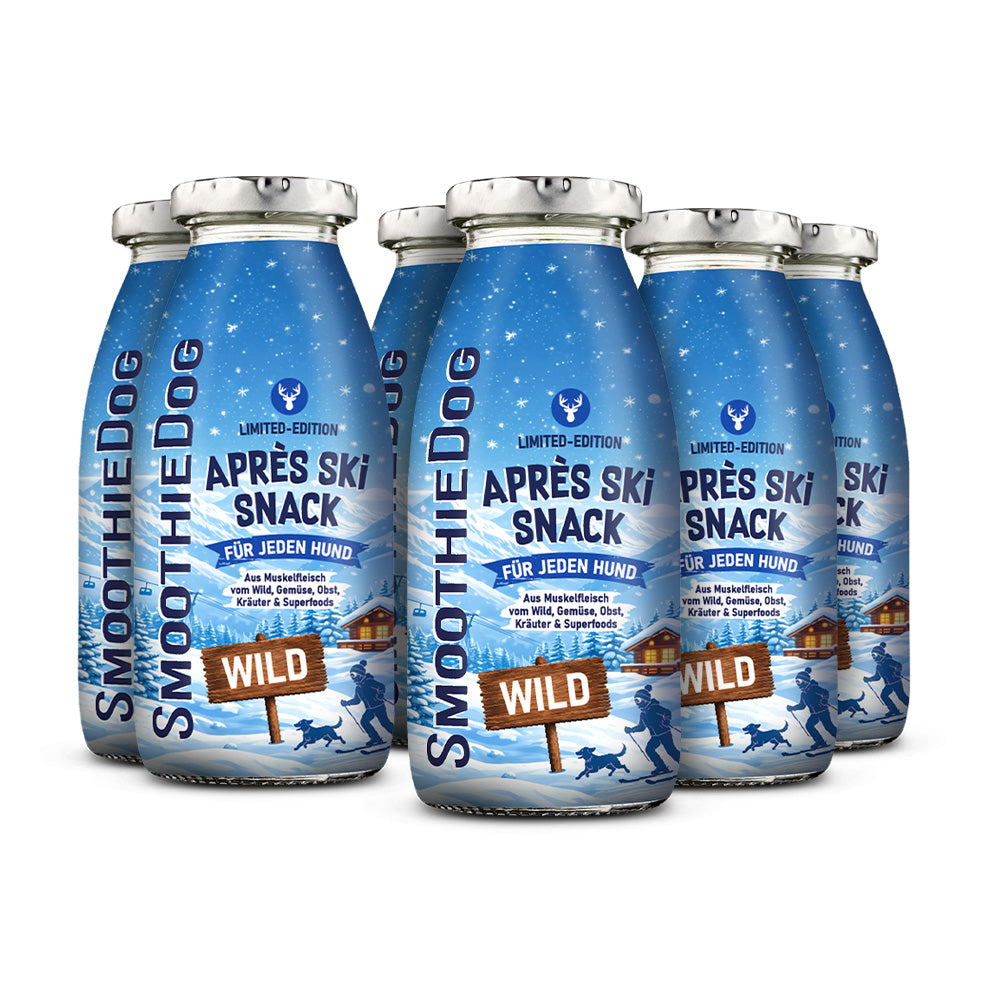 Sechs Flaschen SmoothieDog Hundesmoothie Winter Edition Wild 2026 mit winterlichem Après-Ski-Motiv und Wildfleisch. In der Variante 6er-Pack (6x 250ml.).