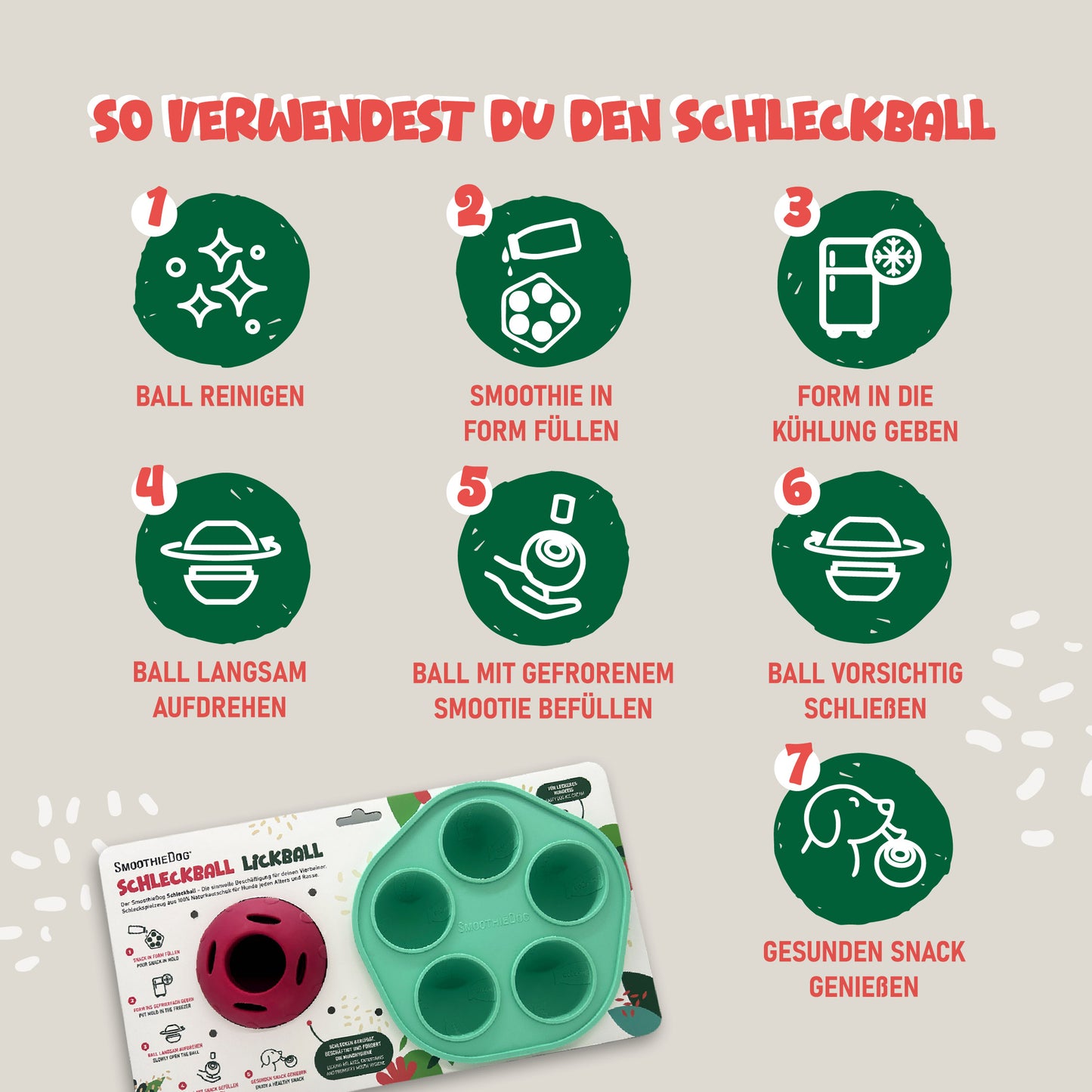 Infografik zur Anwendung des SmoothieDog Schleckballs mit Eisform. Die Grafik zeigt in sieben Schritten, wie der Schleckball verwendet wird: Ball reinigen, Hundesmoothie in die Eisform füllen, einfrieren, Ball öffnen, gefrorenen Smoothie einsetzen, Ball schließen und dem Hund zum Schlecken geben. Im unteren Bereich sind der pinke Schleckball und die mintgrüne Eisform auf der Produktverpackung abgebildet. Die Illustration erklärt die Zubereitung einer gefrorenen Beschäftigung und Belohnung für Hunde.