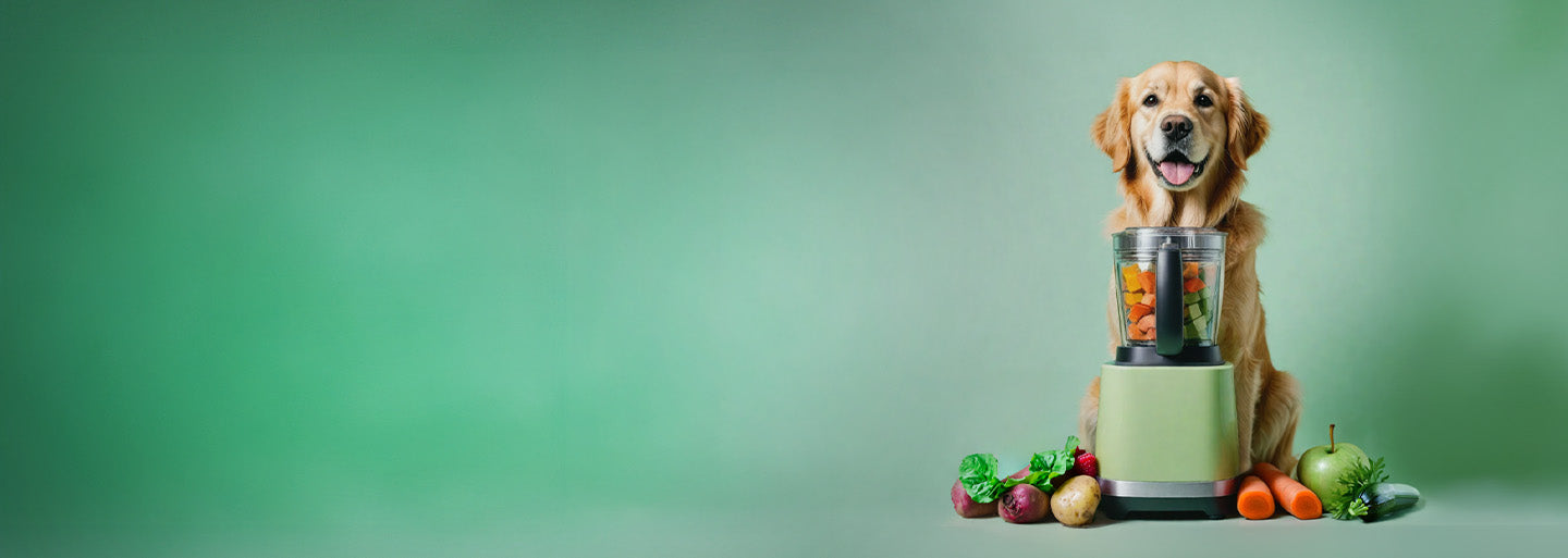 Ein fröhlicher Hund sitzt hinter einem grünen Mixer, der mit frischen Zutaten wie Karotten, Zucchini und Süßkartoffeln gefüllt ist. Um ihn herum liegen verschiedene Gemüse- und Obstsorten – perfekt abgestimmt auf eine gesunde Ernährung für Hunde.
