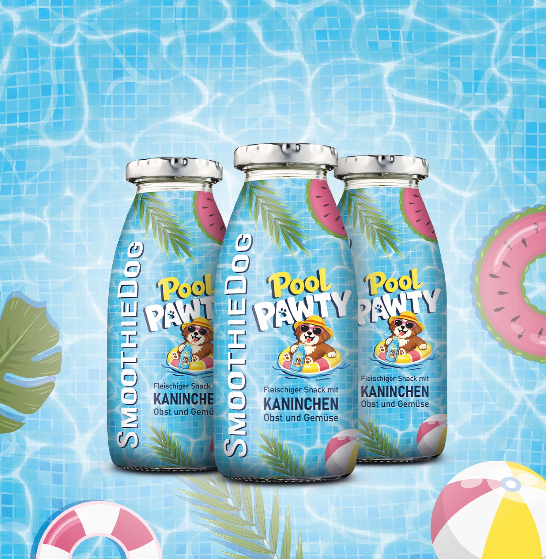 Sommerliches Banner zur limitierten SmoothieDog Summer Edition „Pool Pawty“ (Kaninchen): Ein farbenfrohes, verspieltes Motiv mit Pool- und Sommer-Elementen zeigt den Hundesmoothie im Mittelpunkt. Die Sorte mit Kaninchen, Obst und Gemüse steht für eine erfrischende Belohnung an warmen Tagen. Die lebendigen Farben und sommerlichen Illustrationen unterstreichen den limitierten Charakter der Edition.