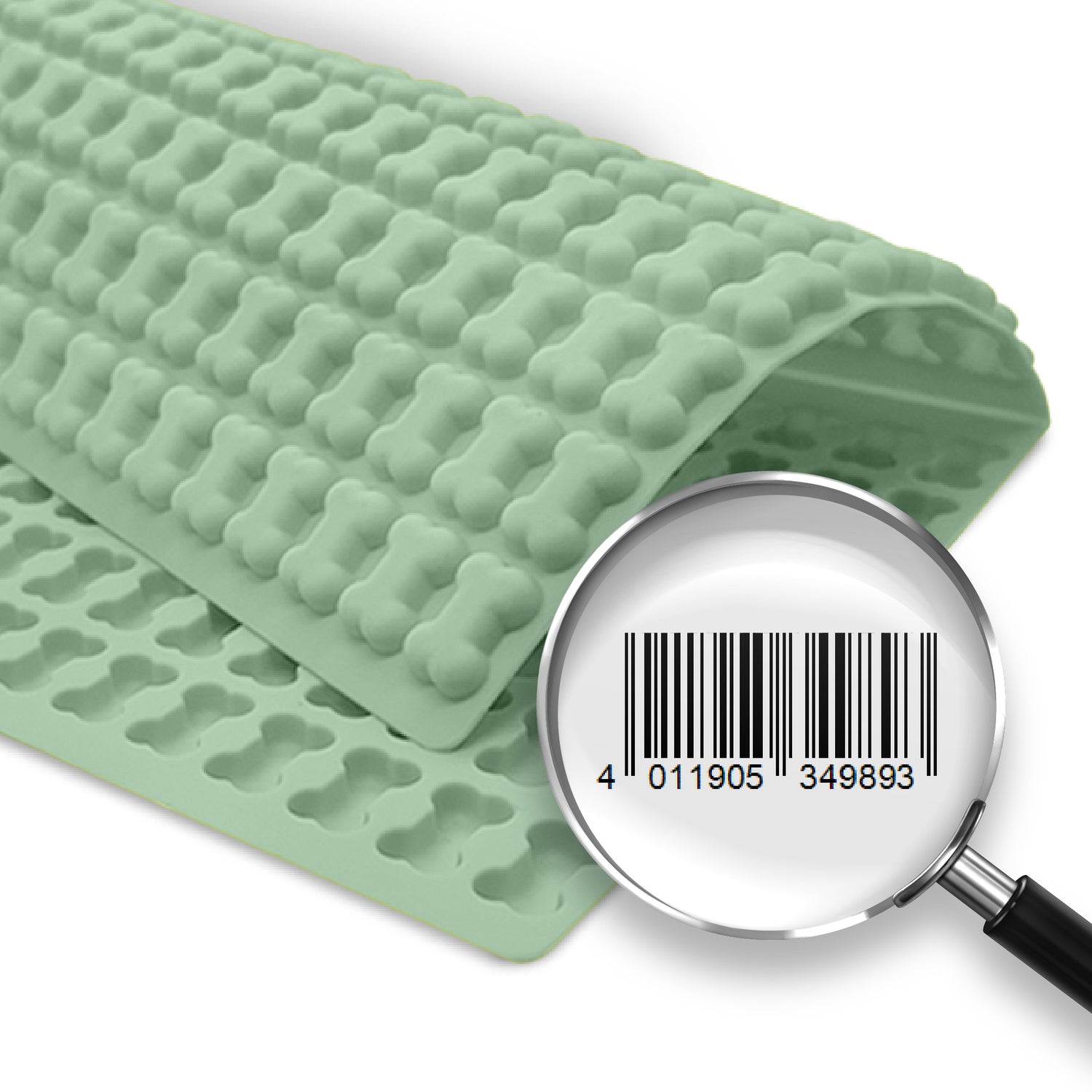 Grüne Backmatte mit kleinen Knochenformen, aus flexiblem Silikonmaterial. Die Matte ist leicht gewellt dargestellt. Unten rechts vergrößert eine Lupe den Barcode mit der EAN-Nummer 4011905349893.