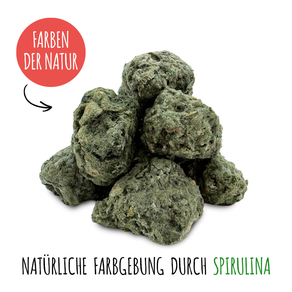 Gefriergetrocknete Hundesnacks SmoothieDog Bites Lamm mit Hinweis auf natürliche Farbgebung durch Spirulina, sichtbar an der grünlichen Färbung der Bites.