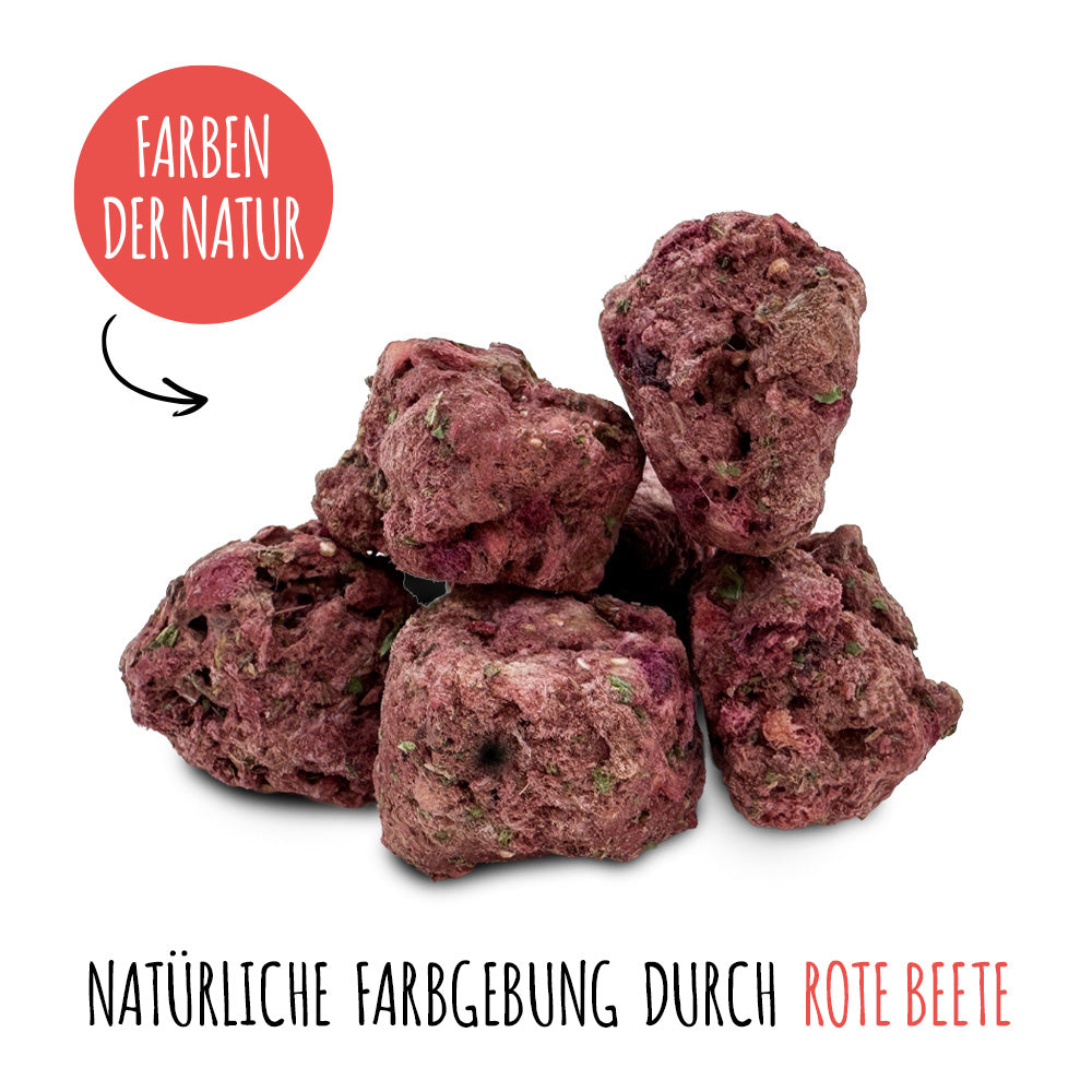 Detailaufnahme der SmoothieDog Bites Rind zeigt die rötliche Farbe und natürliche Beschaffenheit der gefriergetrockneten Hundesnacks.