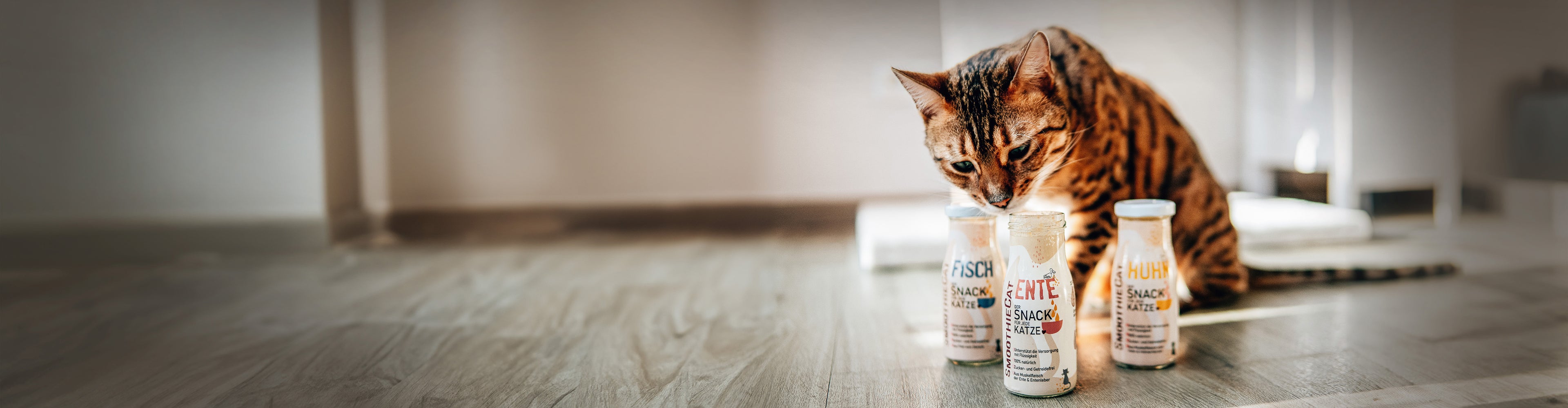 Eine getigerte Katze schnuppert neugierig an einer geöffneten Flasche SmoothieCat mit der Sorte Ente. Um sie herum stehen zwei weitere Sorten: Huhn und Fisch. Die Szene spielt sich auf einem hellen Holzboden in warmem Tageslicht ab.