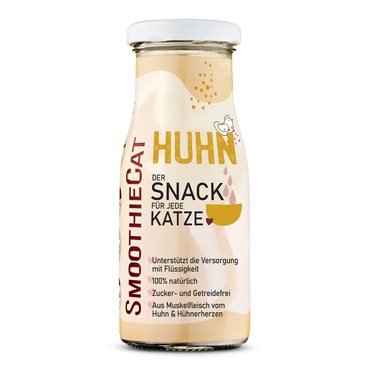 SmoothieCat Huhn 150ml: Flüssiger Katzensnack mit Muskelfleisch vom Huhn und Hühnerherzen. Beige Flasche mit gelbem „HUHN“-Schriftzug und Schüsselmotiv mit Tropfen. Ideal zur Flüssigkeitsaufnahme – 100 % natürlich, zucker- und getreidefrei.
