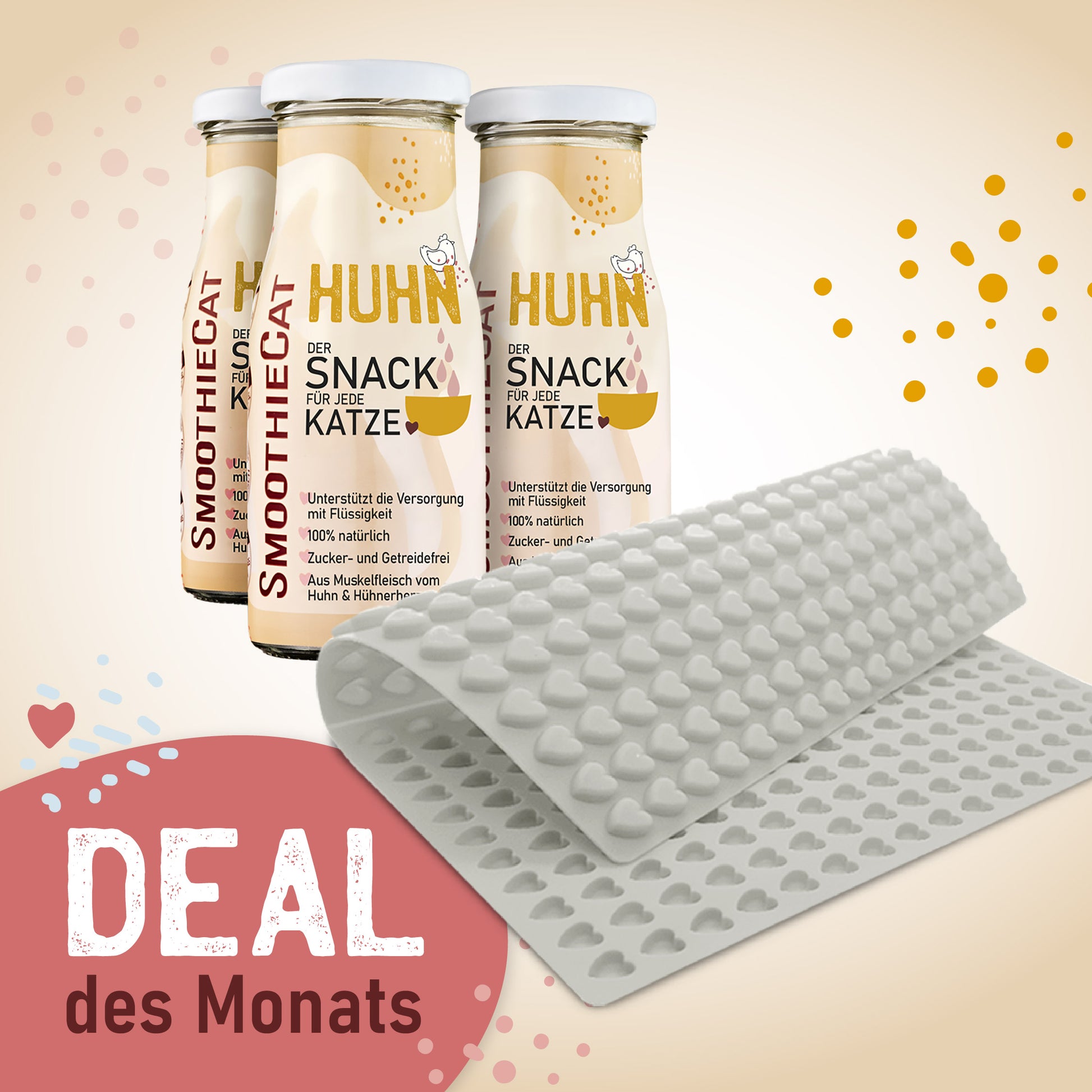 SmoothieCat Huhn 3er-Pack (3x 150ml): Fleischiger Katzensmoothie aus Huhn – Für jede Katze. Im Bild zusammen mit einer grauen Trixie Backmatte in Herzform, ideal zur Herstellung von Snacks oder Eis. Gestaltung mit dem Schriftzug ‚Deal des Monats‘ und dekorativen Punkten.