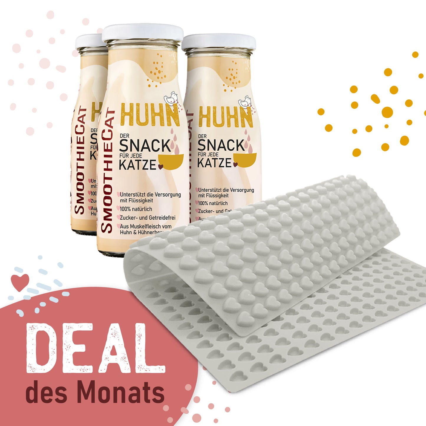 SmoothieCat Huhn 3er-Pack (3x 150ml): Natürlicher Katzensmoothie mit Huhn. Daneben eine graue Trixie Backmatte in Herzform zur Zubereitung kleiner Snacks. Der Hintergrund ist hell mit gelben Punkten, ohne zusätzlichen Schriftzug.