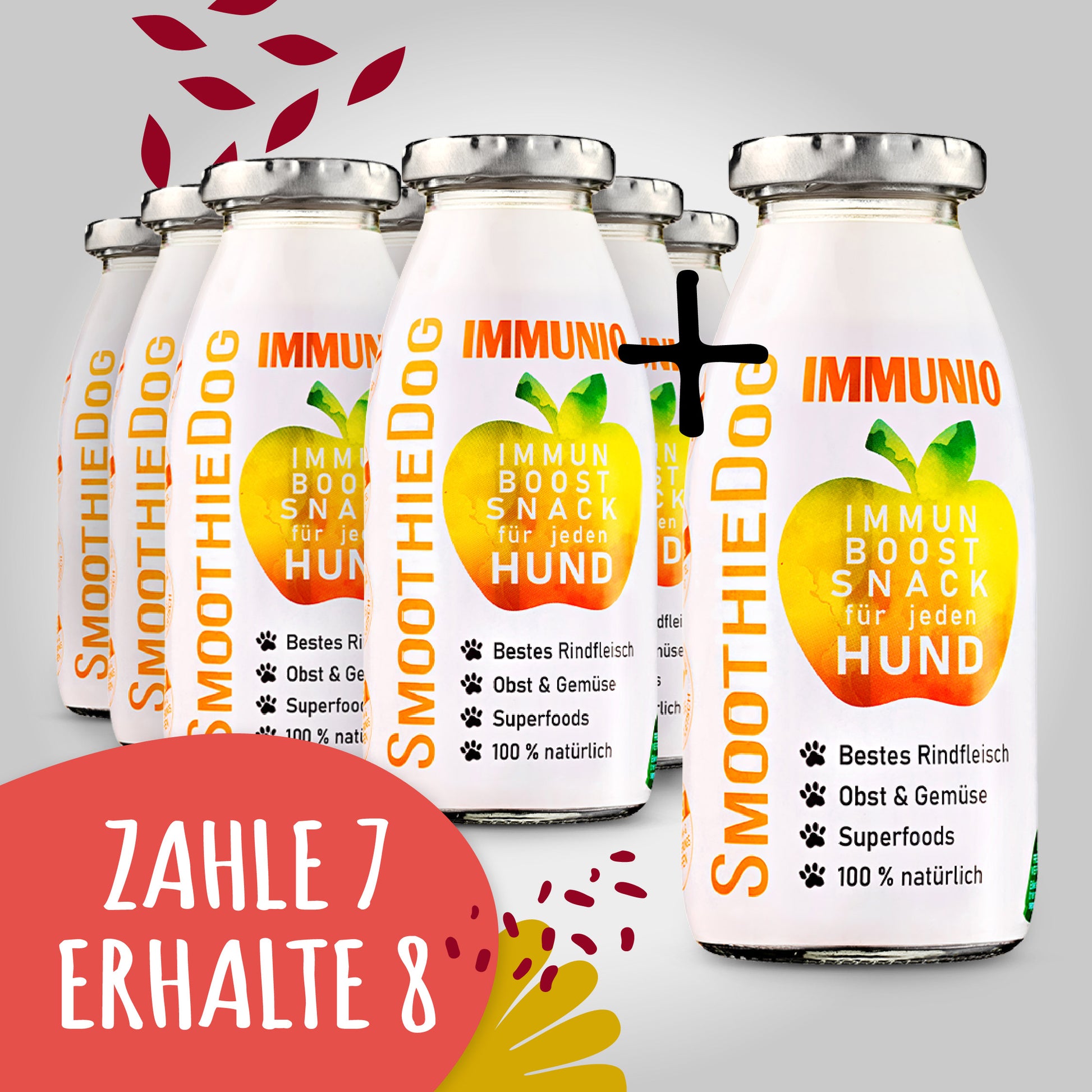 SmoothieDog Immunio 8er-Pack (8x 250ml): Immun-Boost-Snack für Hunde mit Rindfleisch, Obst, Gemüse und Superfoods. Aktion ‚Zahle 7, erhalte 8‘, gestaltet mit roten Blättern und gelben Elementen.