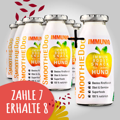SmoothieDog Immunio 8er-Pack (8x 250ml): Immun-Boost-Snack für Hunde mit Rindfleisch, Obst, Gemüse und Superfoods. Aktion ‚Zahle 7, erhalte 8‘, gestaltet mit roten Blättern und gelben Elementen.