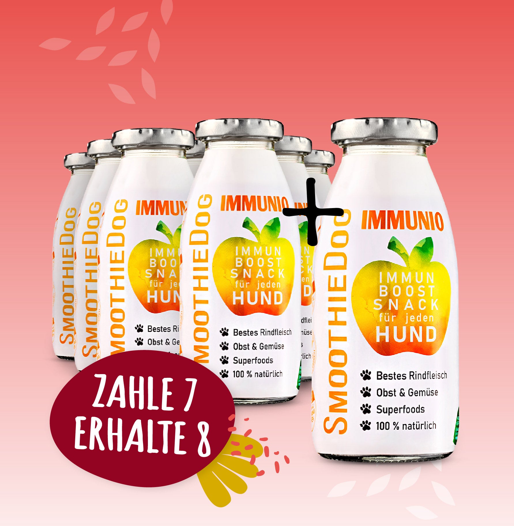 SmoothieDog Immunio 8er-Pack (8x 250ml): Immun-Boost-Snack mit Rind, Obst, Gemüse und Superfoods. Mobiles Banner-Format mit rotem Farbverlauf und Schriftzug ‚Zahle 7, erhalte 8‘.