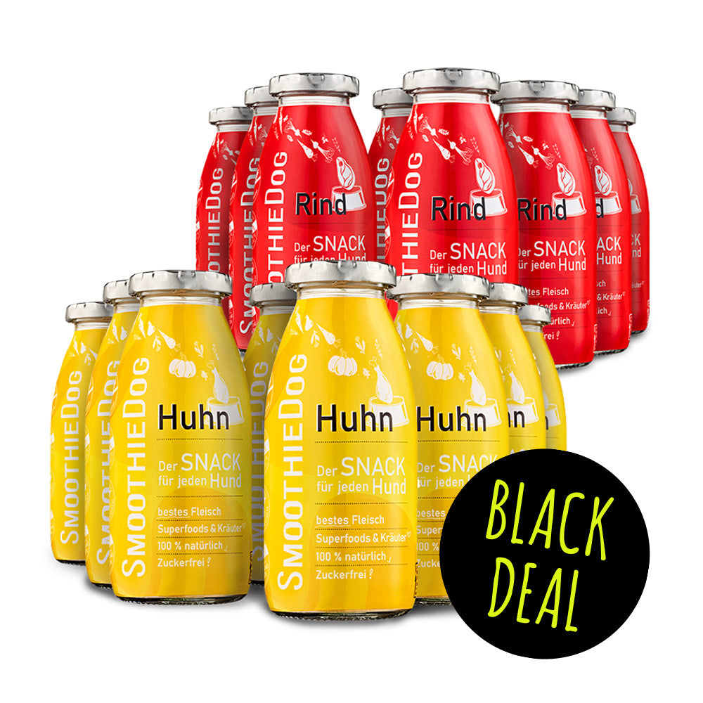 Das Bild zeigt den SmoothieDog Black Deal des Tages mit roten Rind- und gelben Huhn-Hundesmoothies im 16er-Mix. Die Flaschen stehen eng zusammen auf weißem Hintergrund, rechts unten befindet sich ein schwarzer Kreis mit der Aufschrift ‚Black Deal‘. Das Motiv hebt das volle Vorratspaket deutlich hervor.