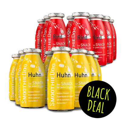 Das Bild zeigt den SmoothieDog Black Deal des Tages mit roten Rind- und gelben Huhn-Hundesmoothies im 16er-Mix. Die Flaschen stehen eng zusammen auf weißem Hintergrund, rechts unten befindet sich ein schwarzer Kreis mit der Aufschrift ‚Black Deal‘. Das Motiv hebt das volle Vorratspaket deutlich hervor.