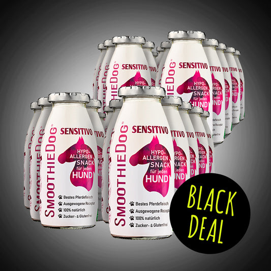 Das Bild zeigt den SmoothieDog Black Deal des Tages mit dem hypoallergenen Hundesmoothie Sensitivo als großes 24er-Vorratspaket. Die weißen Flaschen sind in mehreren Reihen angeordnet, ergänzt durch einen schwarzen Kreis mit der Aufschrift ‚Black Deal‘. Der Fokus liegt klar auf dem umfangreichen Sensitivo-Paket