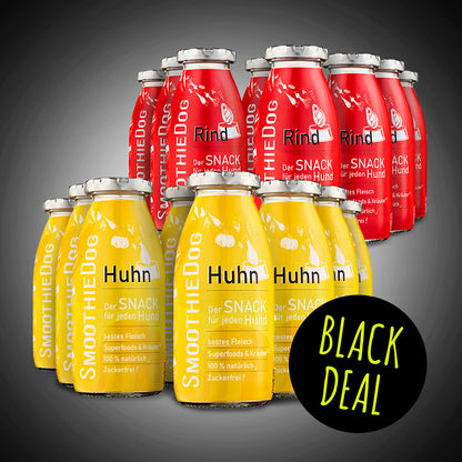 Das Bild zeigt den SmoothieDog Black Deal des Tages mit roten Rind- und gelben Huhn-Hundesmoothies im 16er-Mix. Die Flaschen stehen eng zusammen auf schwarzen Hintergrund, rechts unten befindet sich ein schwarzer Kreis mit der Aufschrift ‚Black Deal‘. Das Motiv hebt das volle Vorratspaket deutlich hervor.
