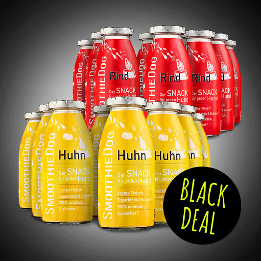 Das Bild zeigt den SmoothieDog Black Deal des Tages mit roten Rind- und gelben Huhn-Hundesmoothies im 16er-Mix. Die Flaschen stehen eng zusammen auf schwarzen Hintergrund, rechts unten befindet sich ein schwarzer Kreis mit der Aufschrift ‚Black Deal‘. Das Motiv hebt das volle Vorratspaket deutlich hervor.